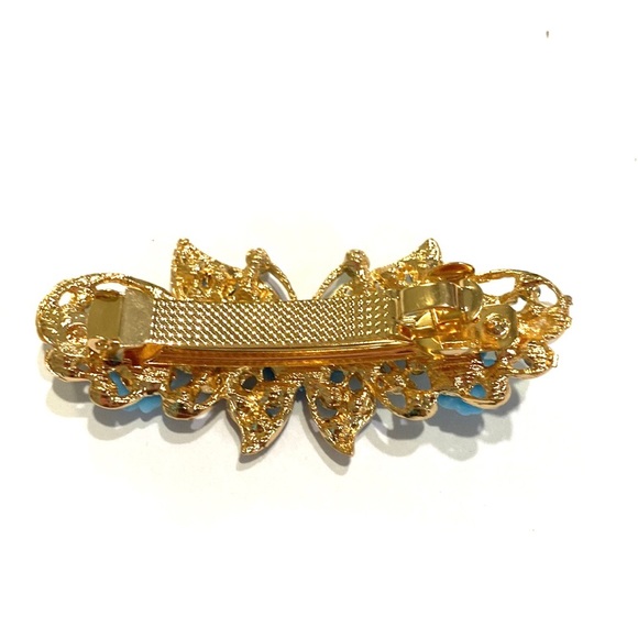 Hair Clip Barrette Butterfly Gold Tone Blue Rhinestones Flowers - Picture 3 of 4